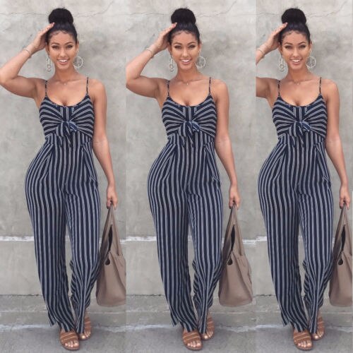 Elegant Striped Sexy Spaghetti Strap BacklessBow Casual Wide Leggings Women's Sleeveless Jumpsuits Overalls Jumpsuits