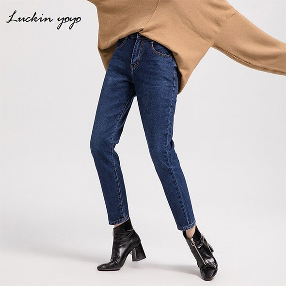 Luckin yoyo Autumn Plus Size Casual Loose Jeans for Women Blue Women's Jeans High Waist Full Length Mom Style Pants Femme Jeans