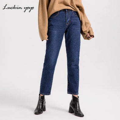 Luckin yoyo Autumn Plus Size Casual Loose Jeans for Women Blue Women's Jeans High Waist Full Length Mom Style Pants Femme Jeans